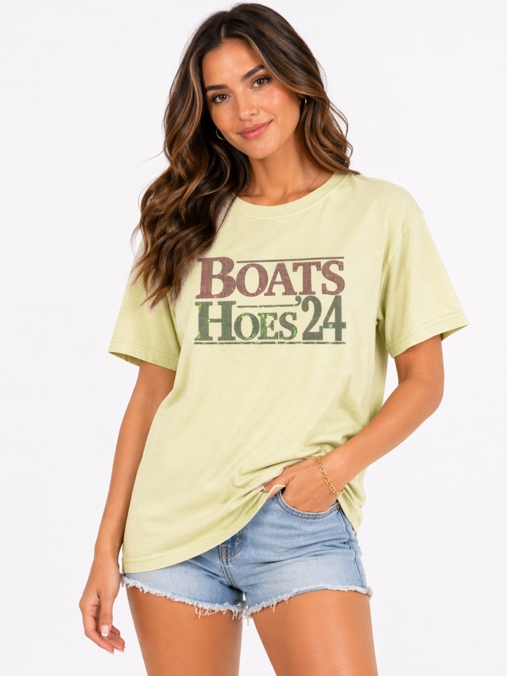 NWT Bella Canvas Graphic Tee with Boats Hoes '24 Print Light Lime Green Large